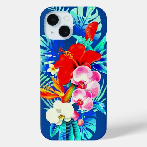 Tropical orchid palm leaves blue Hawaiian floral iPhone 15 Case