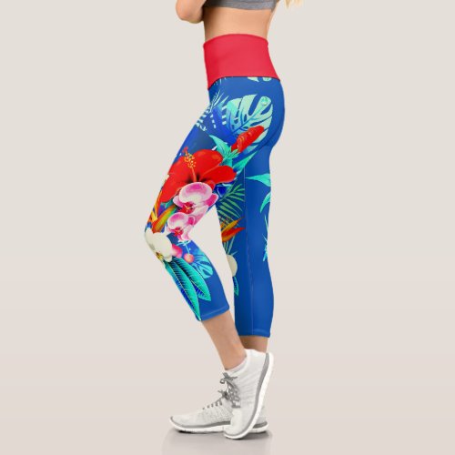 Tropical orchid palm leaves Hawaiian floral blue Capri Leggings