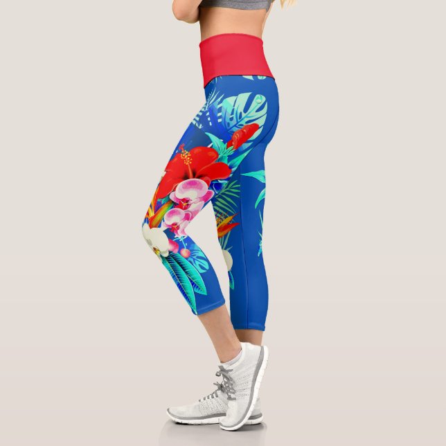 Tropical orchid palm leaves Hawaiian floral blue Capri Leggings (Left)