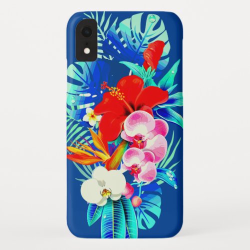 Tropical orchid palm leaves Hawaiian floral blue iPhone XR Case