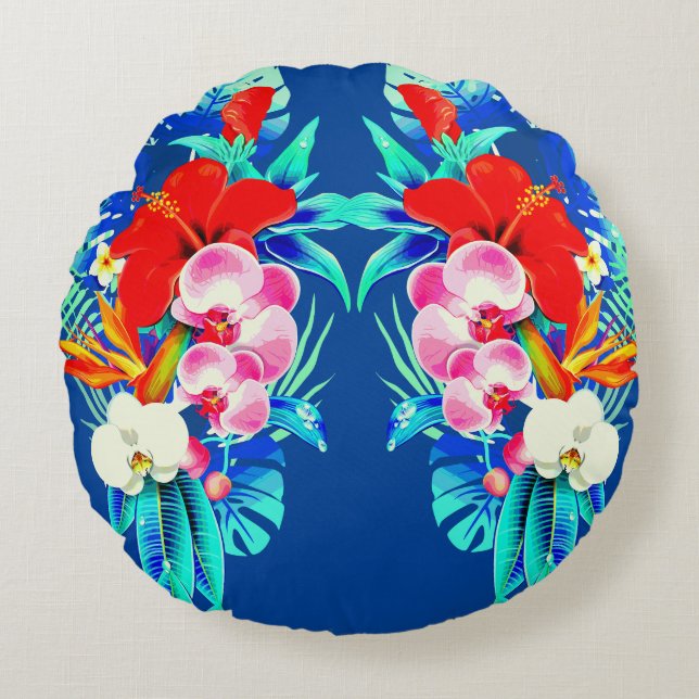 Tropical orchid palm leaves Hawaiian floral blue Round Pillow (Front)