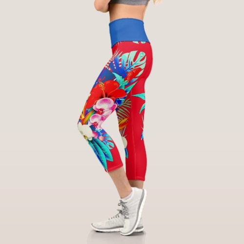 Tropical orchid palm leaves Hawaiian floral red Capri Leggings