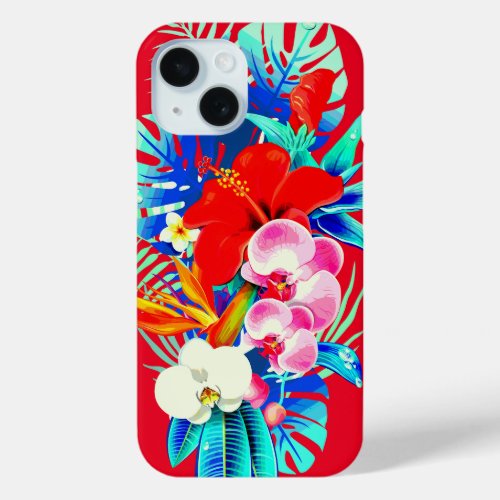Tropical orchid palm leaves Hawaiian floral red iPhone 15 Case