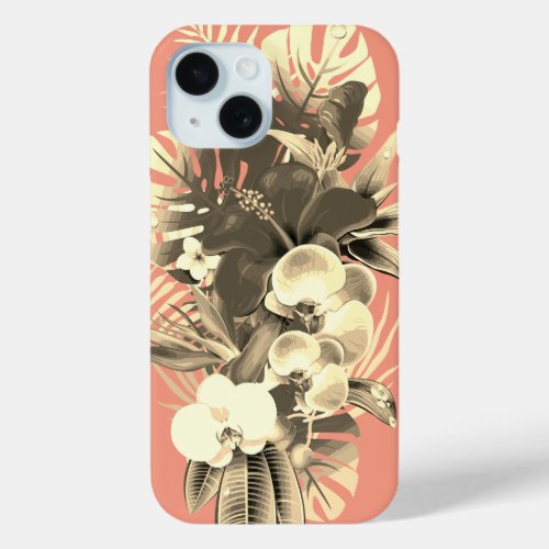 Tropical orchid palm leaves peach Hawaiian floral iPhone 15 Case