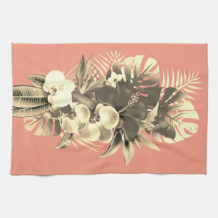 Tropical orchid palm leaves peach Hawaiian floral Kitchen Towel