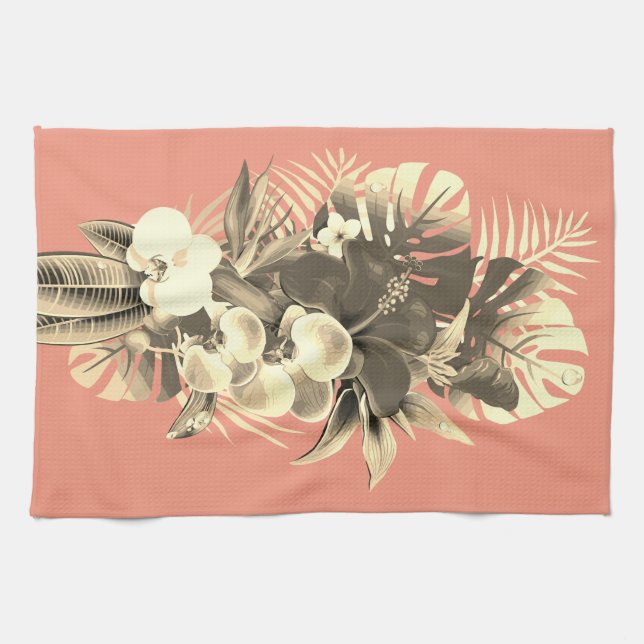Tropical orchid palm leaves peach Hawaiian floral Kitchen Towel (Horizontal)