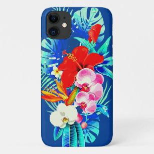 Tropical orchid palm monstera Hawaiian floral blue iPhone 11 Case