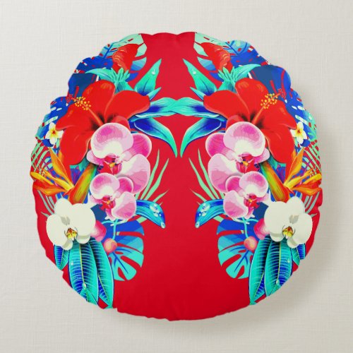 Tropical orchid palm monstera Hawaiian floral red Round Pillow