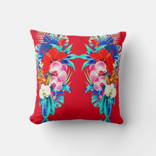 Tropical orchid palm monstera Hawaiian floral red Throw Pillow