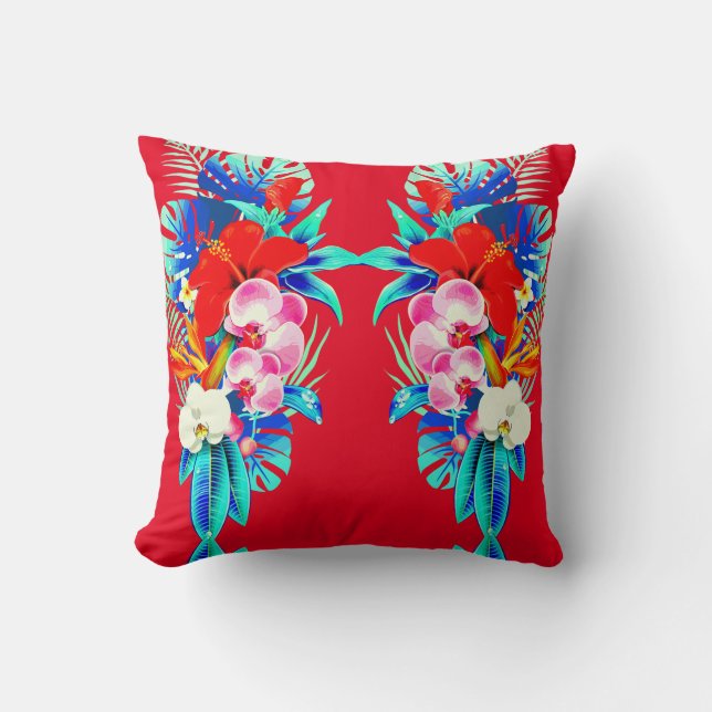 Tropical orchid palm monstera Hawaiian floral red Throw Pillow (Front)