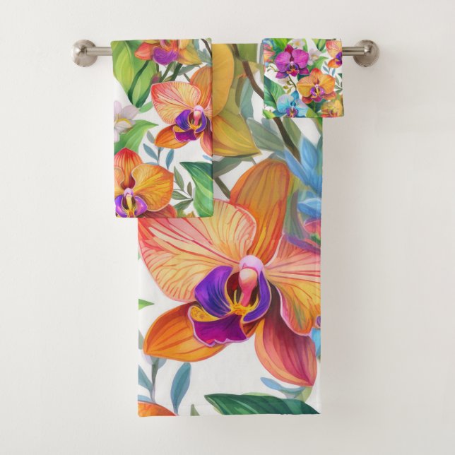 Tropical orchid pattern bath towel set (Insitu)