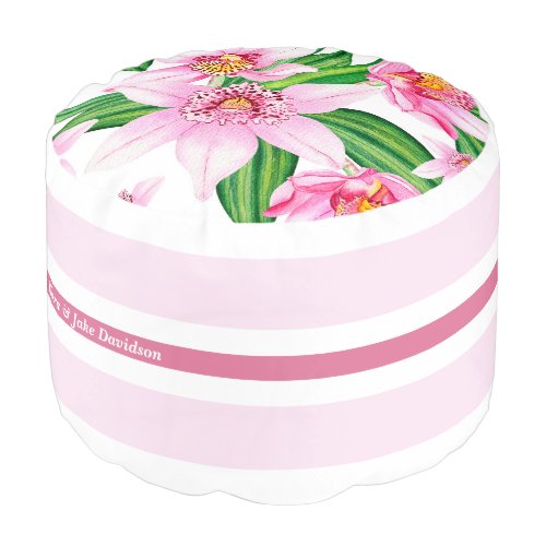 Tropical orchid pattern custom text pink white pouf
