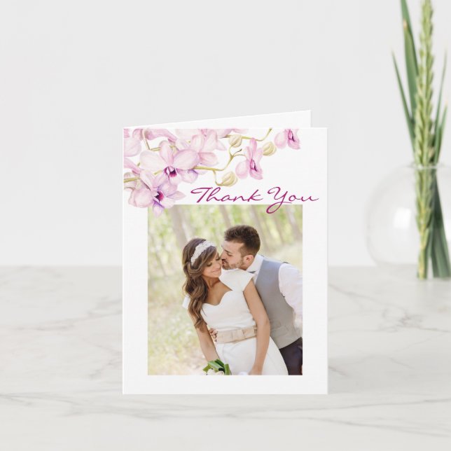 Tropical Orchid Photo Wedding Thank You Card (Front)