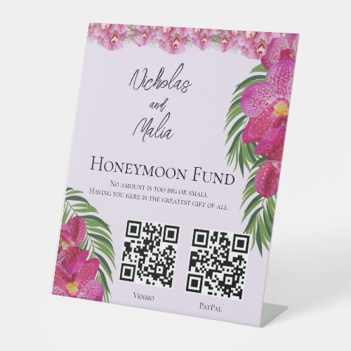 Tropical Orchid Wedding QR Code Honeymoon Fund Pedestal Sign
