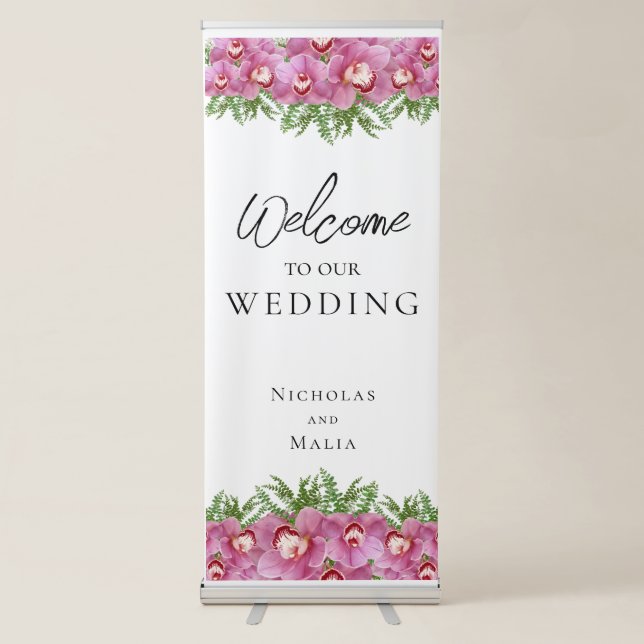 Tropical Orchid Welcome to Our Wedding Retractable Banner (Front)