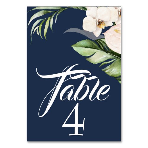 Tropical Orchids and Palm on Navy Blue Table Number