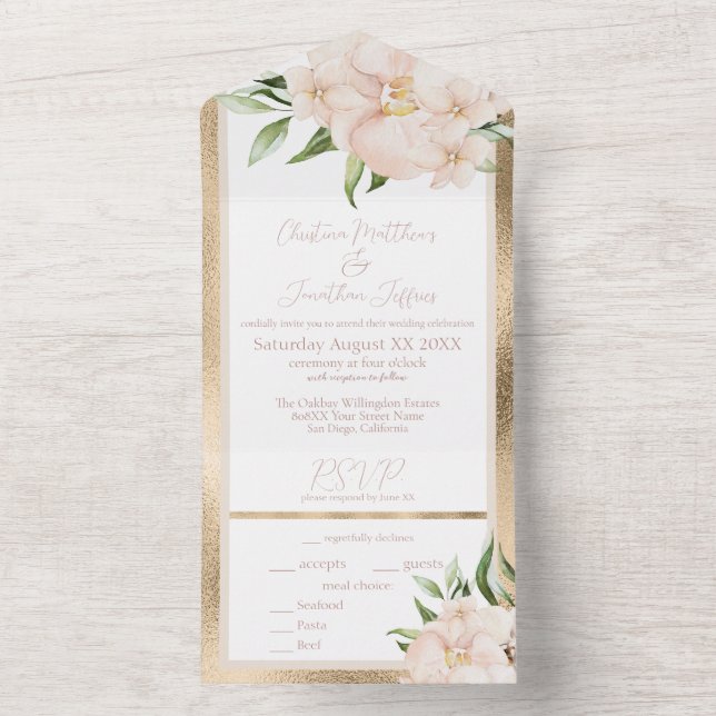 Tropical Orchids and Plumeria Flowers on Gold All In One Invitation (Inside)