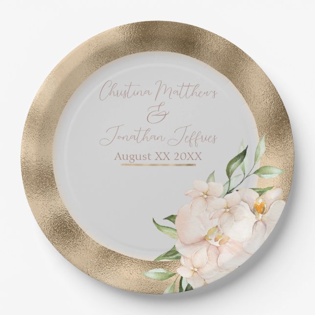 Tropical Orchids and Plumeria Flowers on Gold Paper Plates (Front)