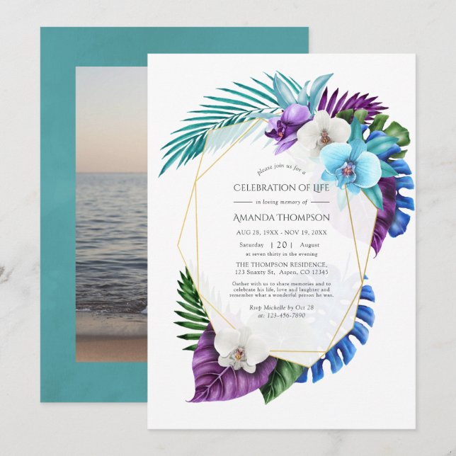 Tropical Orchids Geometric Celebration of Life Inv Invitation (Front/Back)