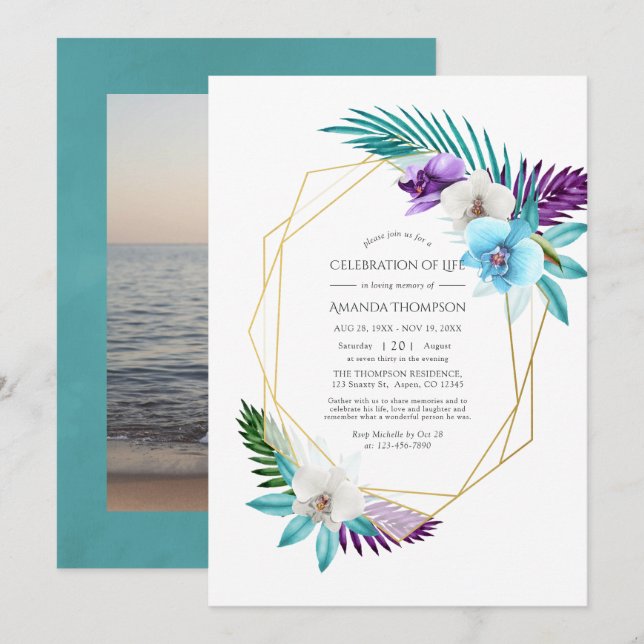 Tropical Orchids Geometric Celebration of Life Invitation (Front/Back)