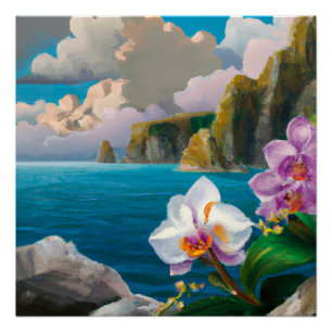 Tropical Orchids, Ocean, Cliffs and Clouds Poster