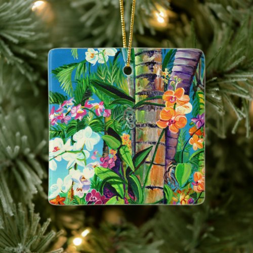 Tropical Orchids with Palm Trees Ceramic Ornament