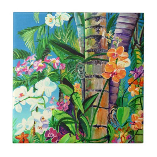 Tropical Orchids with Palm Trees Ceramic Tile