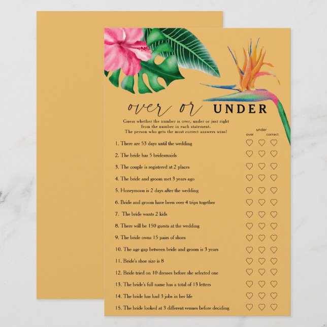 Tropical - Over or under bridal shower game (Front/Back)