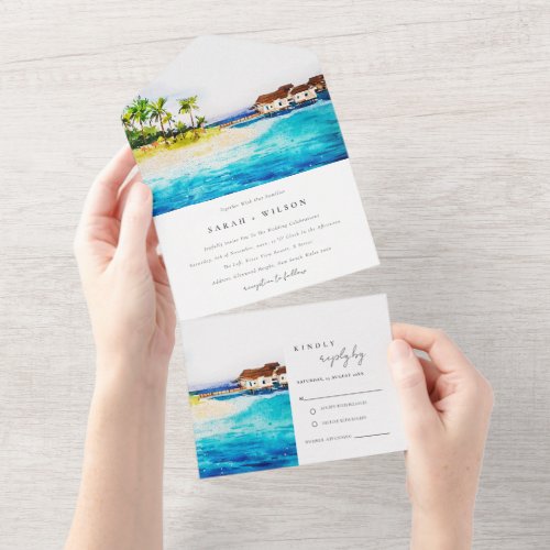 Tropical Overwater Villa Seascape Beach Wedding All In One Invitation