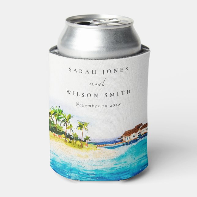 Tropical Overwater Villa Seascape Beach Wedding Can Cooler (Can Front)