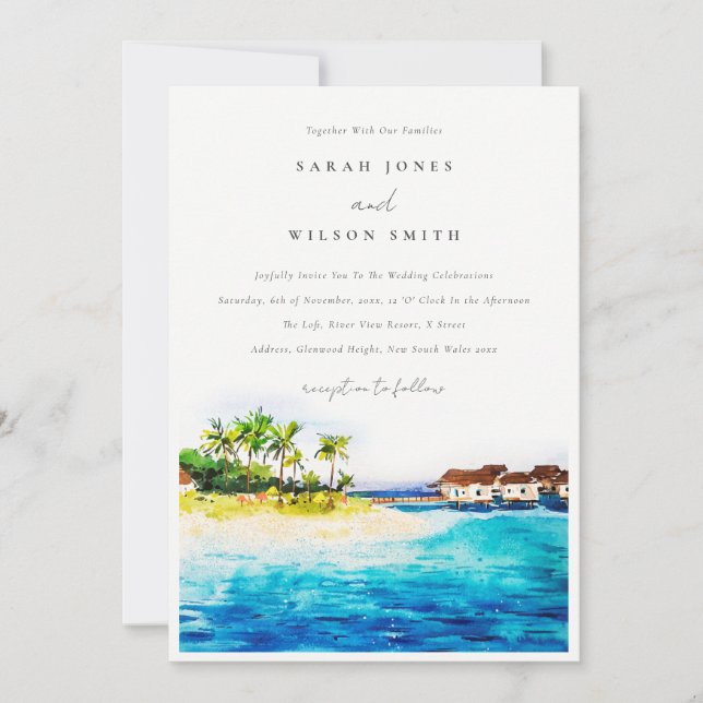 Tropical Overwater Villa Seascape Beach Wedding Invitation (Front)