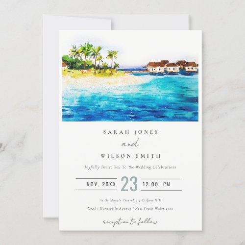 Tropical Overwater Villa Seascape Beach Wedding Invitation