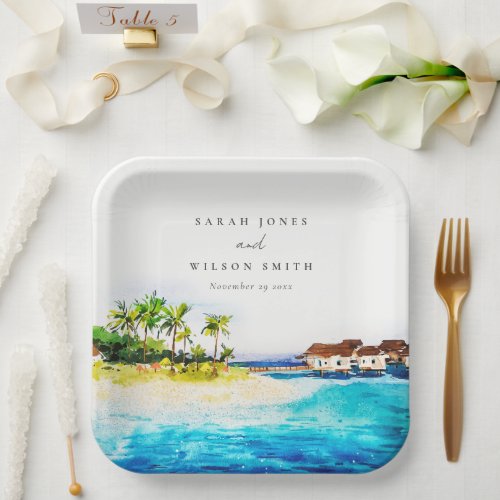 Tropical Overwater Villa Seascape Beach Wedding Paper Plates