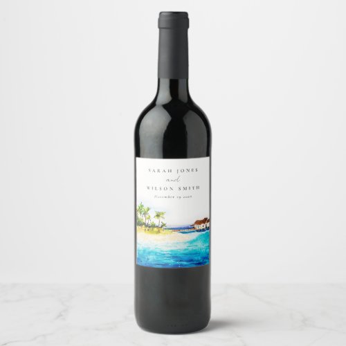 Tropical Overwater Villa Seascape Beach Wedding Wine Label