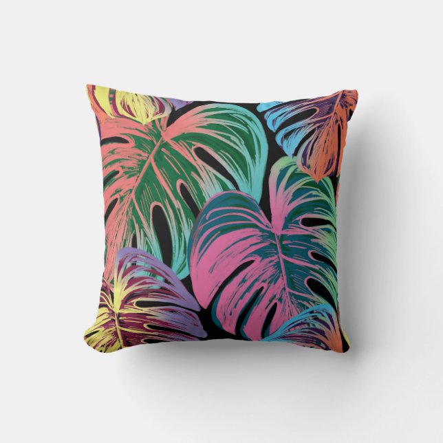 Tropical painted palm leaves throw pillow (Front)
