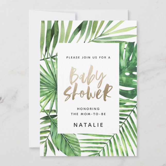 Tropical palm and gold script baby shower invite (Front)