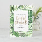 Tropical palm and gold script bridal shower invite (Standing Front)