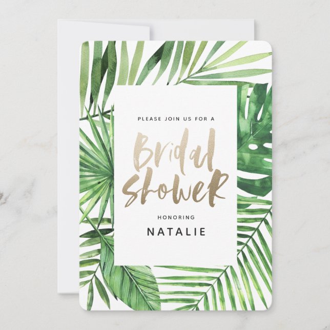 Tropical palm and gold script bridal shower invite (Front)