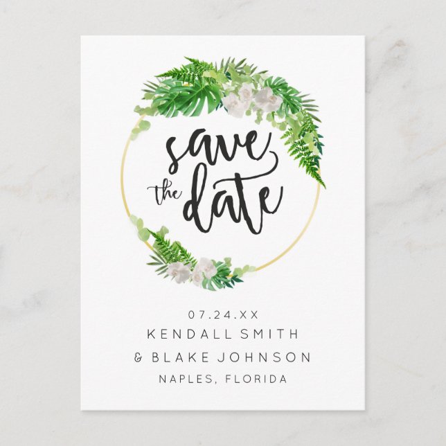 Tropical Palm and Greenery Wreath Save the Date Announcement Postcard (Front)