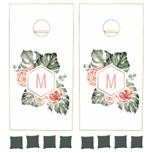 Tropical Palm and pink Roses Wedding Monogram Cornhole Set