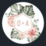 Tropical Palm and Roses Wedding Monogram Classic Round Sticker<br><div class="desc">Tropical palm leaves and dusty pink roses monogramed stickers.</div>
