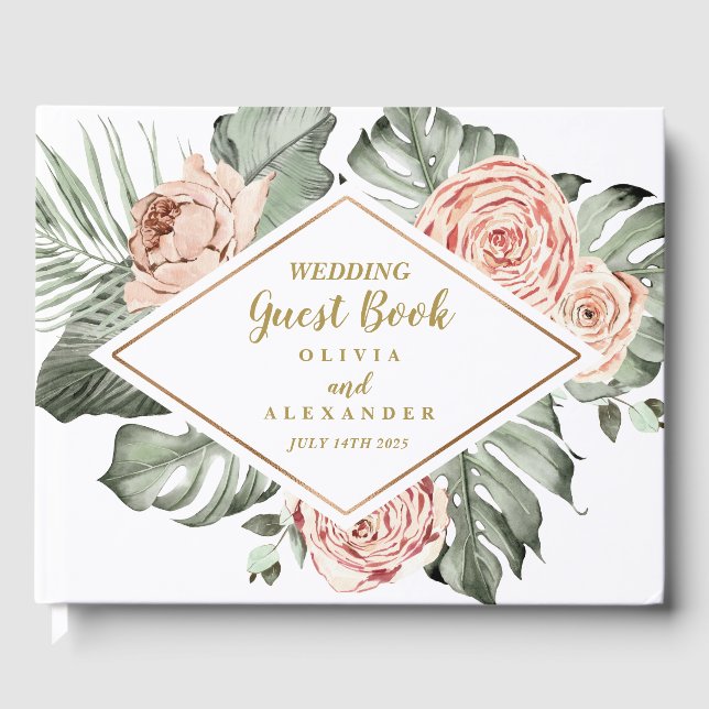Tropical Palm and Roses Wedding Monogram Guest Book (Front)