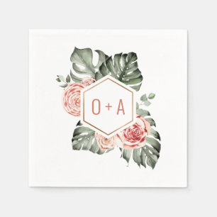 Tropical Palm and Roses Wedding Monogram Napkins