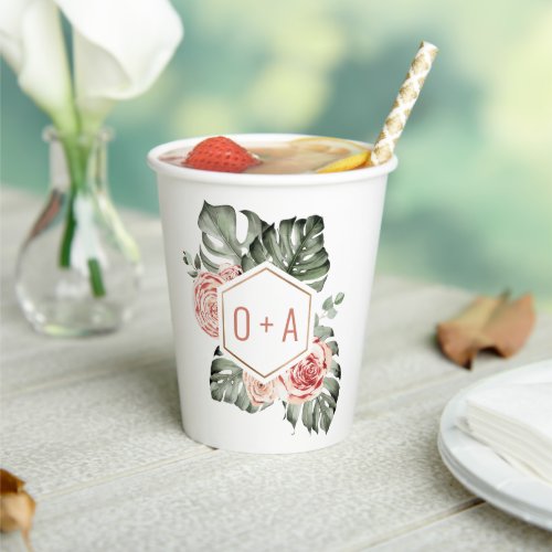 Tropical Palm and Roses Wedding Monogram Paper Cups