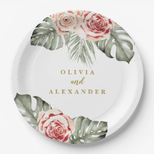 Tropical Palm and Roses Wedding Monogram Paper Plates