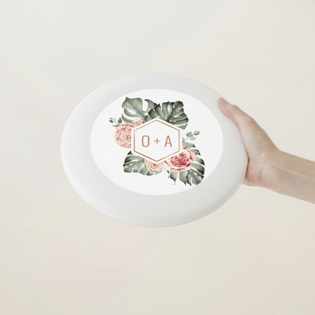 Tropical Palm and Roses Wedding Monogram Wham-O Frisbee (In Hand)
