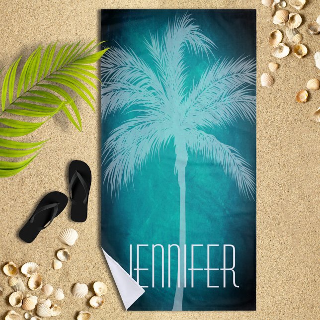 Tropical Palm Aqua Blue Personalized Beach Towel (Creator Uploaded)