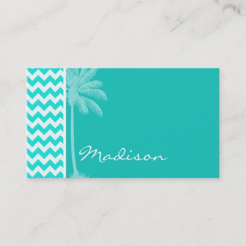 Tropical Palm; Aqua Color Chevron Business Card