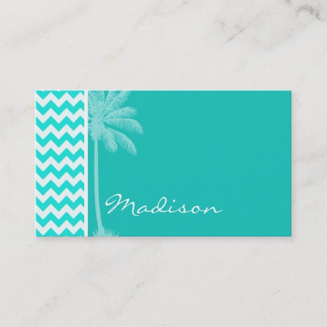 Tropical Palm; Aqua Color Chevron Business Card (Front)