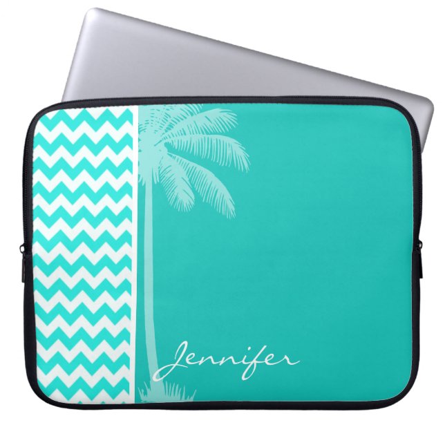 Tropical Palm; Aqua Color Chevron Laptop Sleeve (Front)